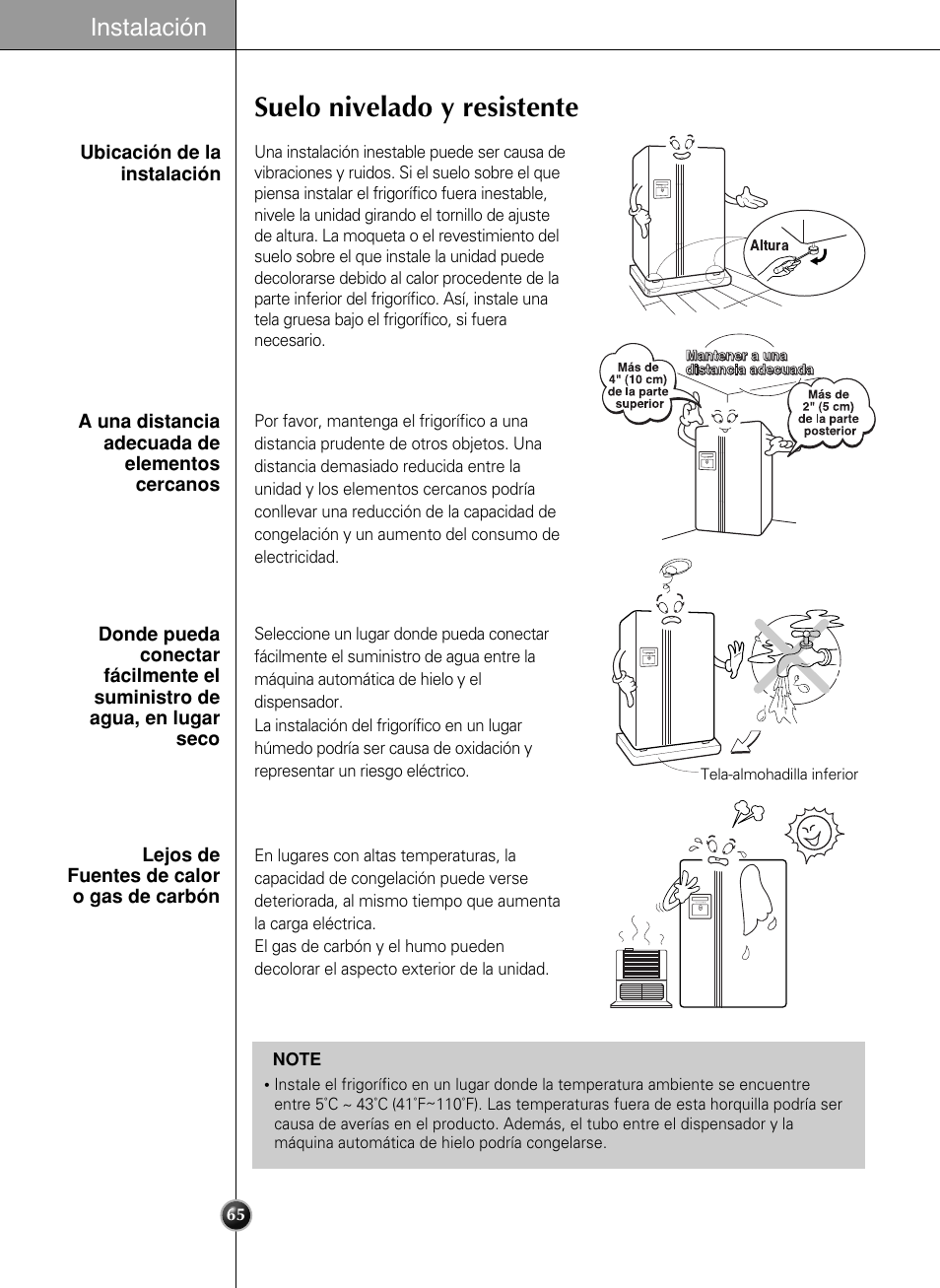 Suelo nivelado y resistente, Instalación | LG LSC 27950SB User Manual | Page 65 / 92