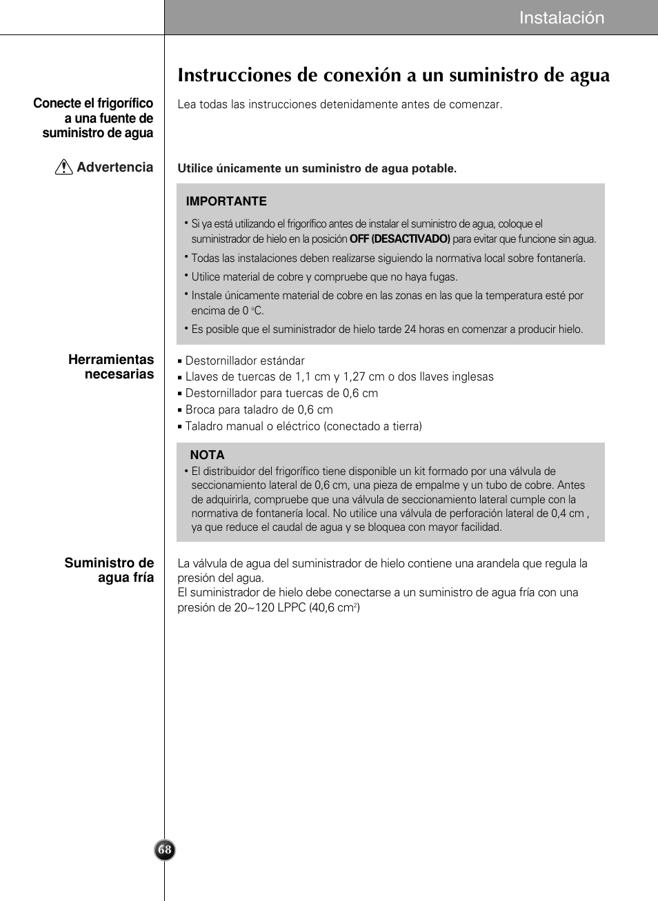 Instrucciones de conexión a un suministro de agua, Instalación | LG LSC 27950SB User Manual | Page 68 / 92