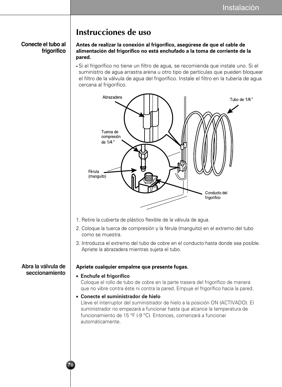 Instrucciones de uso, Instalación | LG LSC 27950SB User Manual | Page 70 / 92