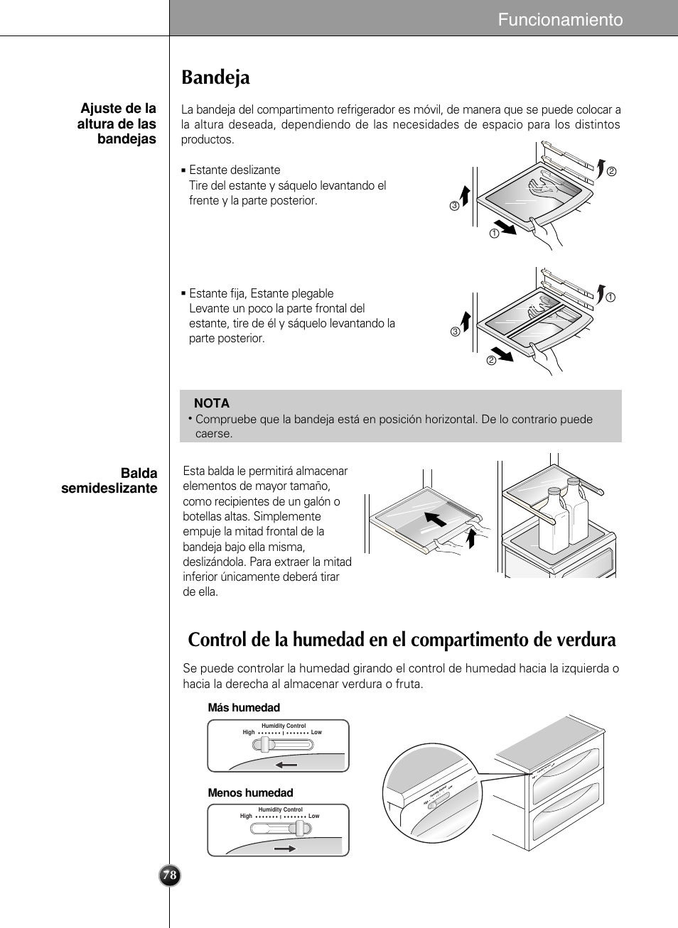 Bandeja, Funcionamiento, Ajuste de la altura de las bandejas | Balda semideslizante | LG LSC 27950SB User Manual | Page 78 / 92