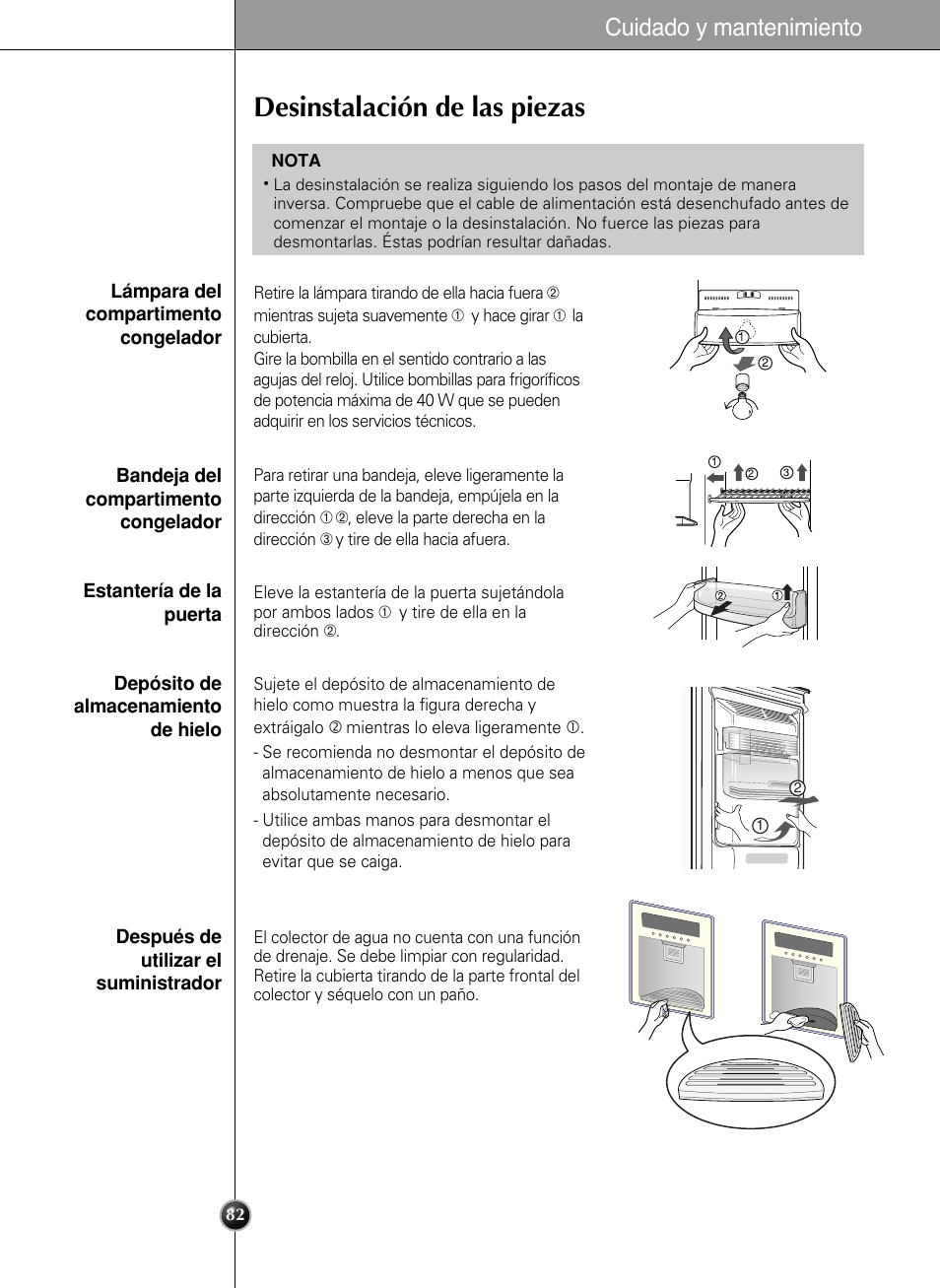 Desinstalación de las piezas, Cuidado y mantenimiento | LG LSC 27950SB User Manual | Page 82 / 92