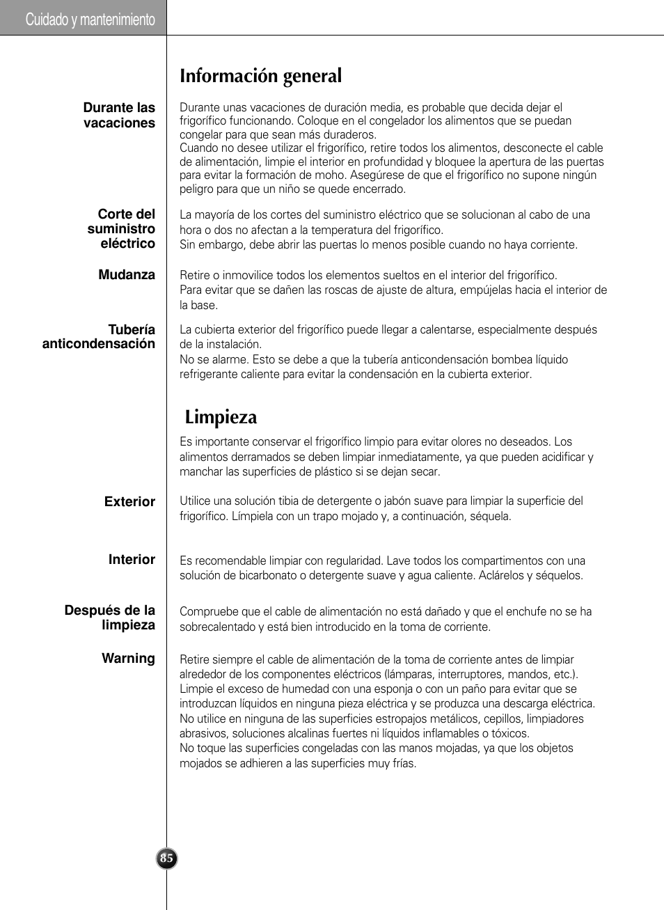 Información general limpieza, Cuidado y mantenimiento | LG LSC 27950SB User Manual | Page 85 / 92