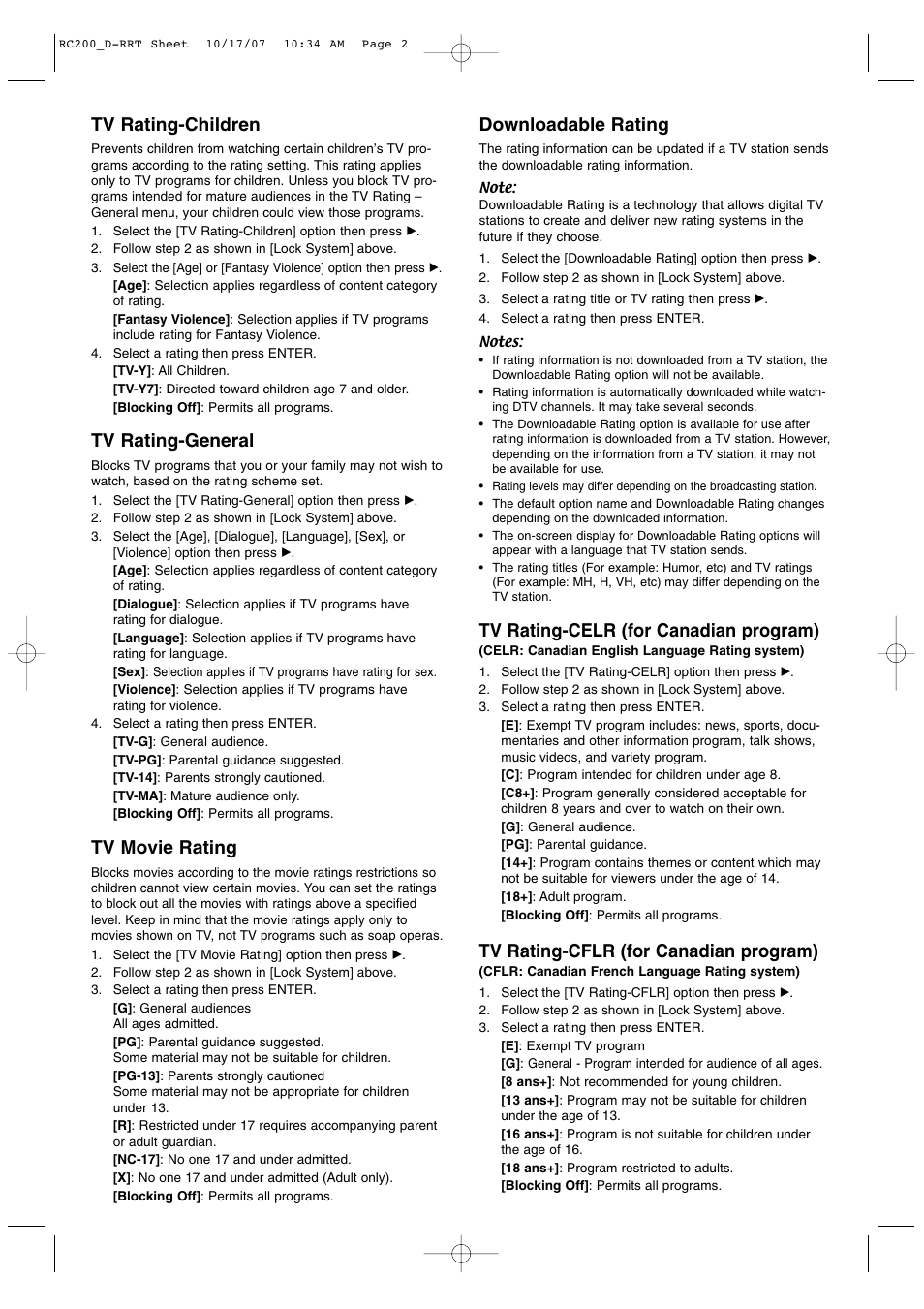 Tv rating-children, Tv rating-general, Tv movie rating | Downloadable rating, Tv rating-celr (for canadian program), Tv rating-cflr (for canadian program) | LG DR787T User Manual | Page 2 / 2