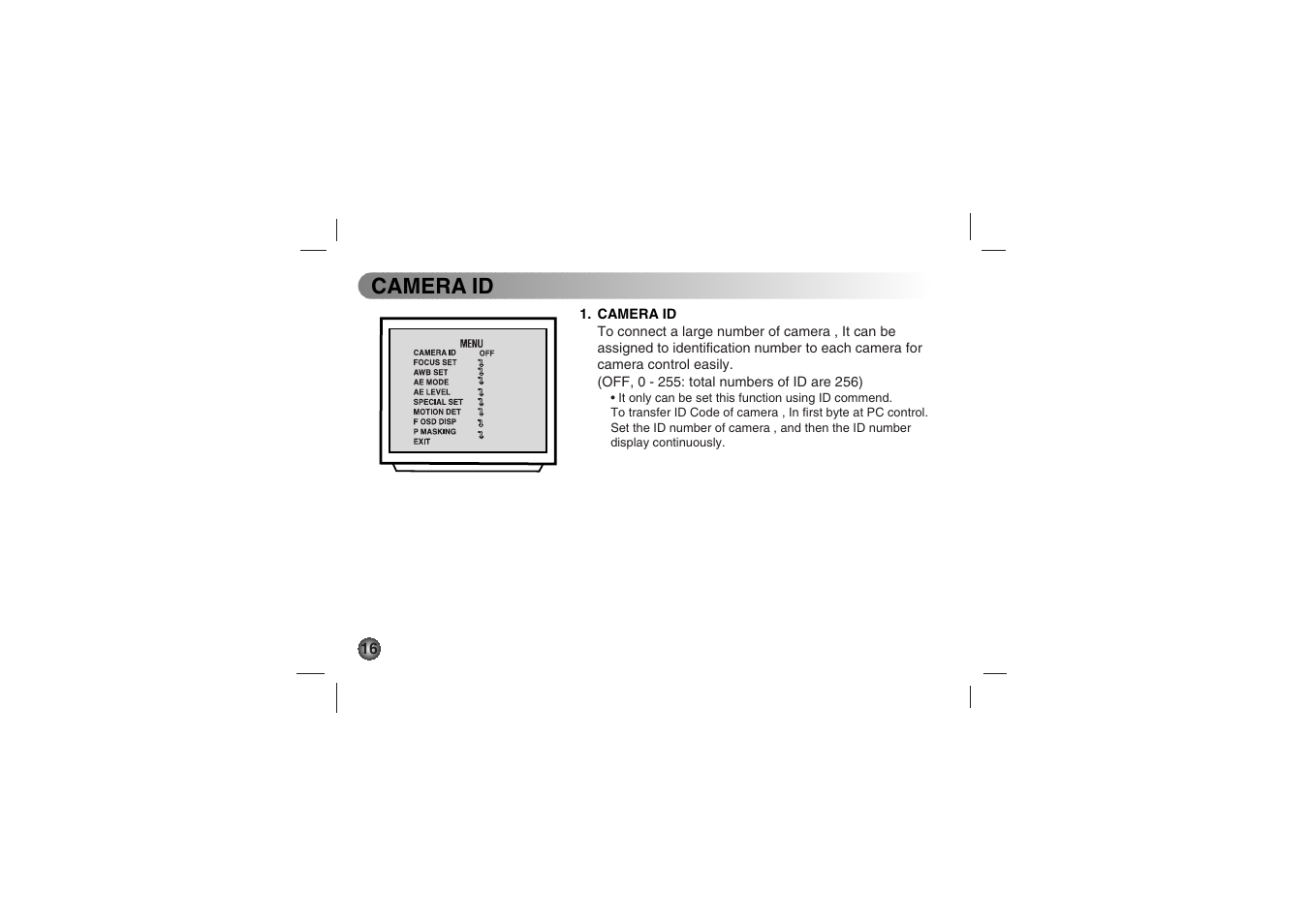 Camera id | LG LVC-C530 User Manual | Page 16 / 72