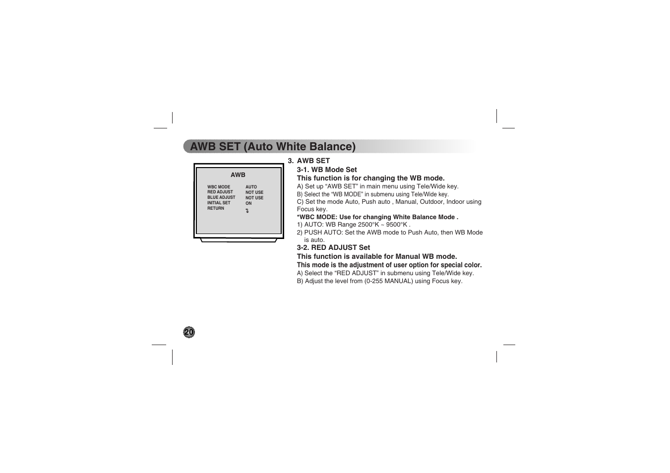 Awb set (auto white balance) | LG LVC-C530 User Manual | Page 20 / 72