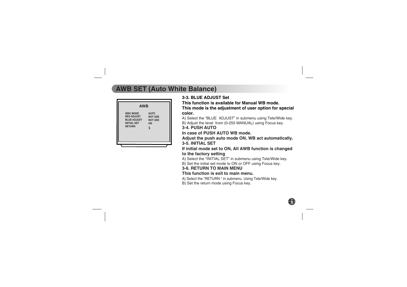 Awb set (auto white balance) | LG LVC-C530 User Manual | Page 21 / 72