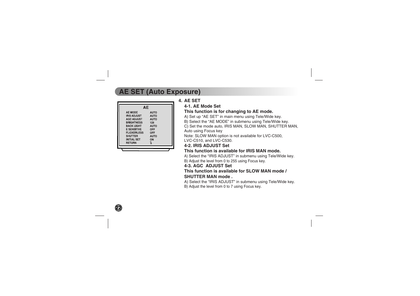 Ae set (auto exposure) | LG LVC-C530 User Manual | Page 22 / 72