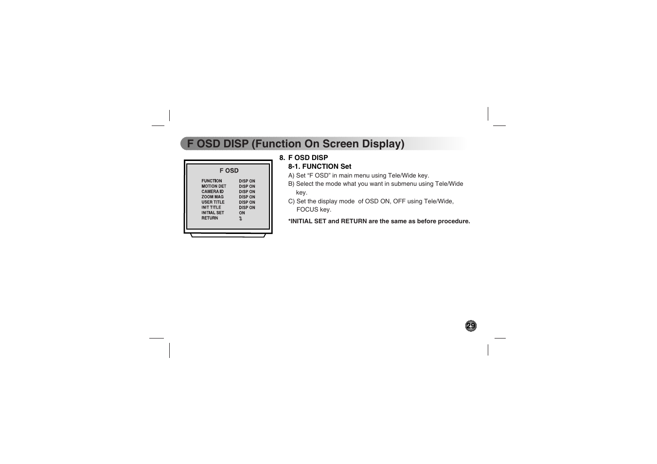 F osd disp (function on screen display) | LG LVC-C530 User Manual | Page 29 / 72