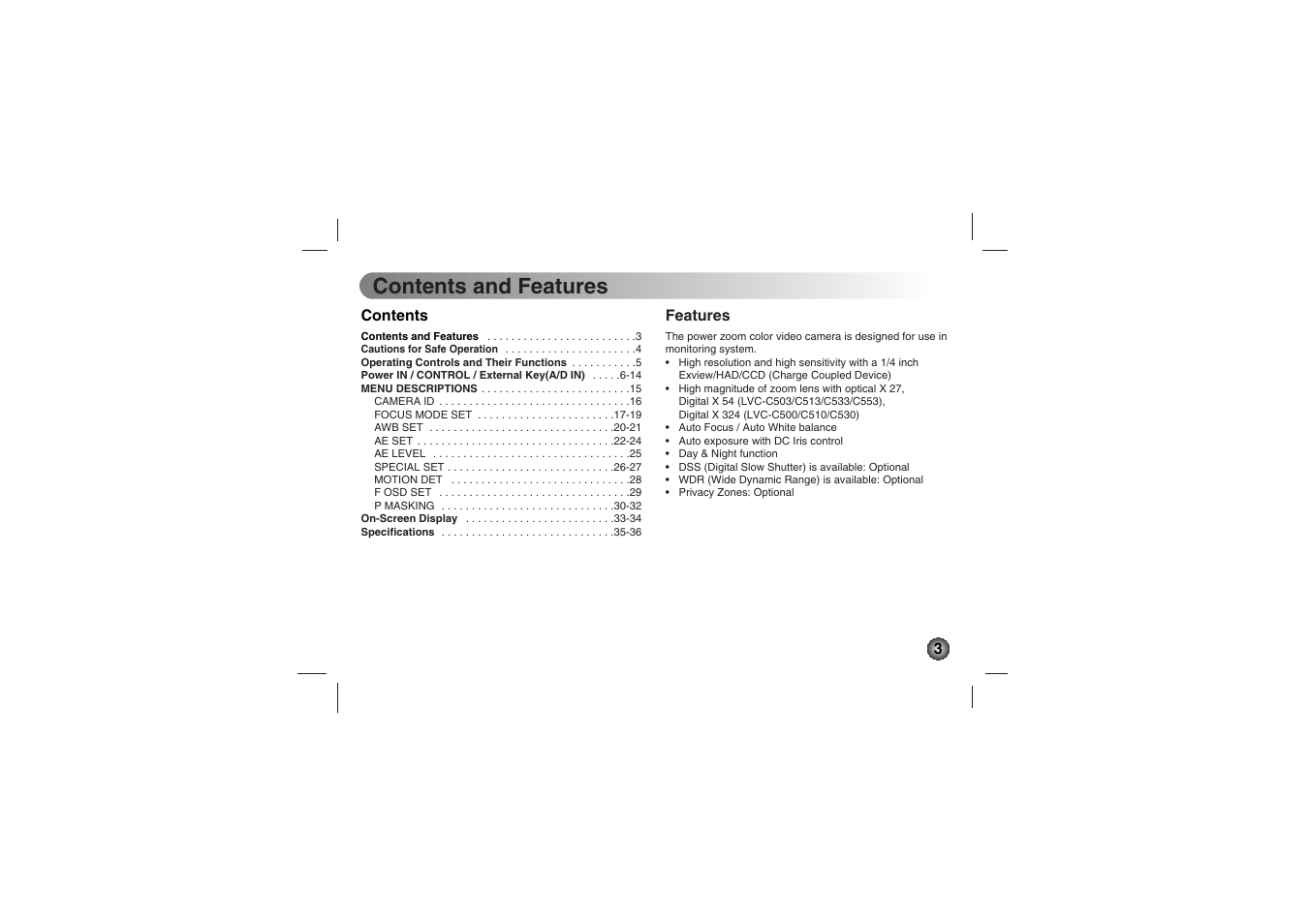 Contents and features | LG LVC-C530 User Manual | Page 3 / 72