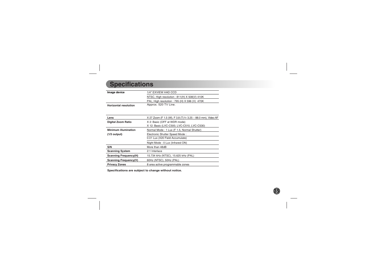 Specifications | LG LVC-C530 User Manual | Page 35 / 72