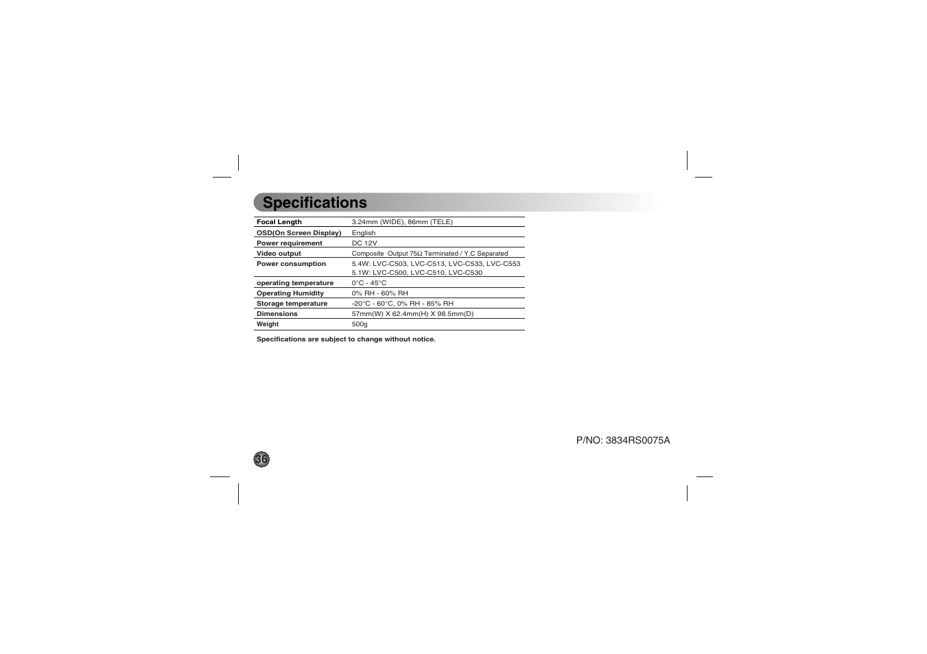 Specifications | LG LVC-C530 User Manual | Page 36 / 72