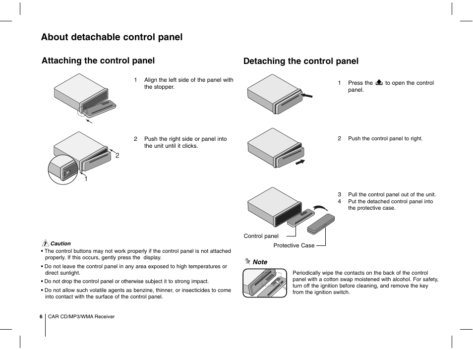 About detachable control panel, Attaching the control panel, Detaching the control panel | LG MFL63287304 User Manual | Page 6 / 16