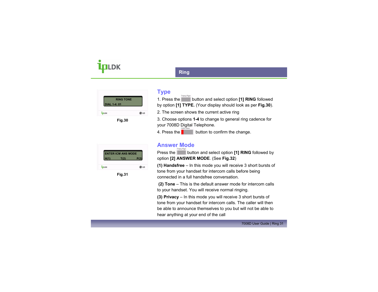 Ring, Type, Answer mode | LG LDP7008D User Manual | Page 32 / 62