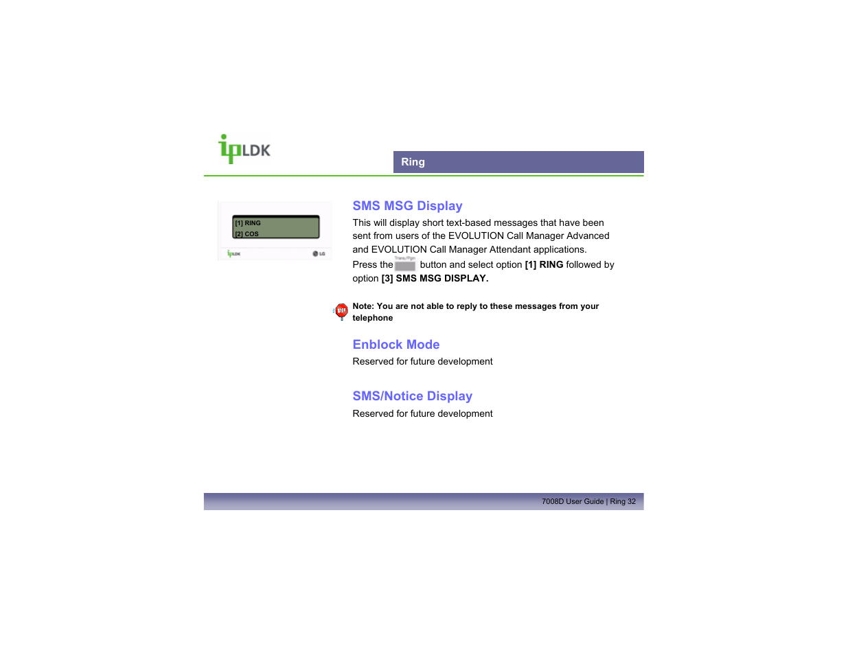 Ring, Sms msg display, Enblock mode | Sms/notice display | LG LDP7008D User Manual | Page 33 / 62