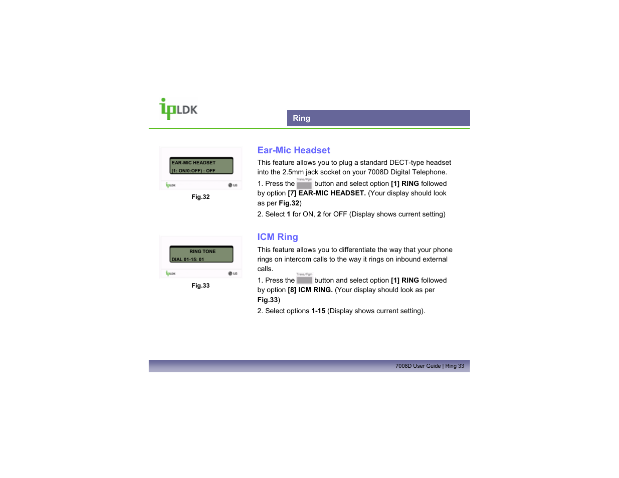 Ring, Ear-mic headset, Icm ring | LG LDP7008D User Manual | Page 34 / 62