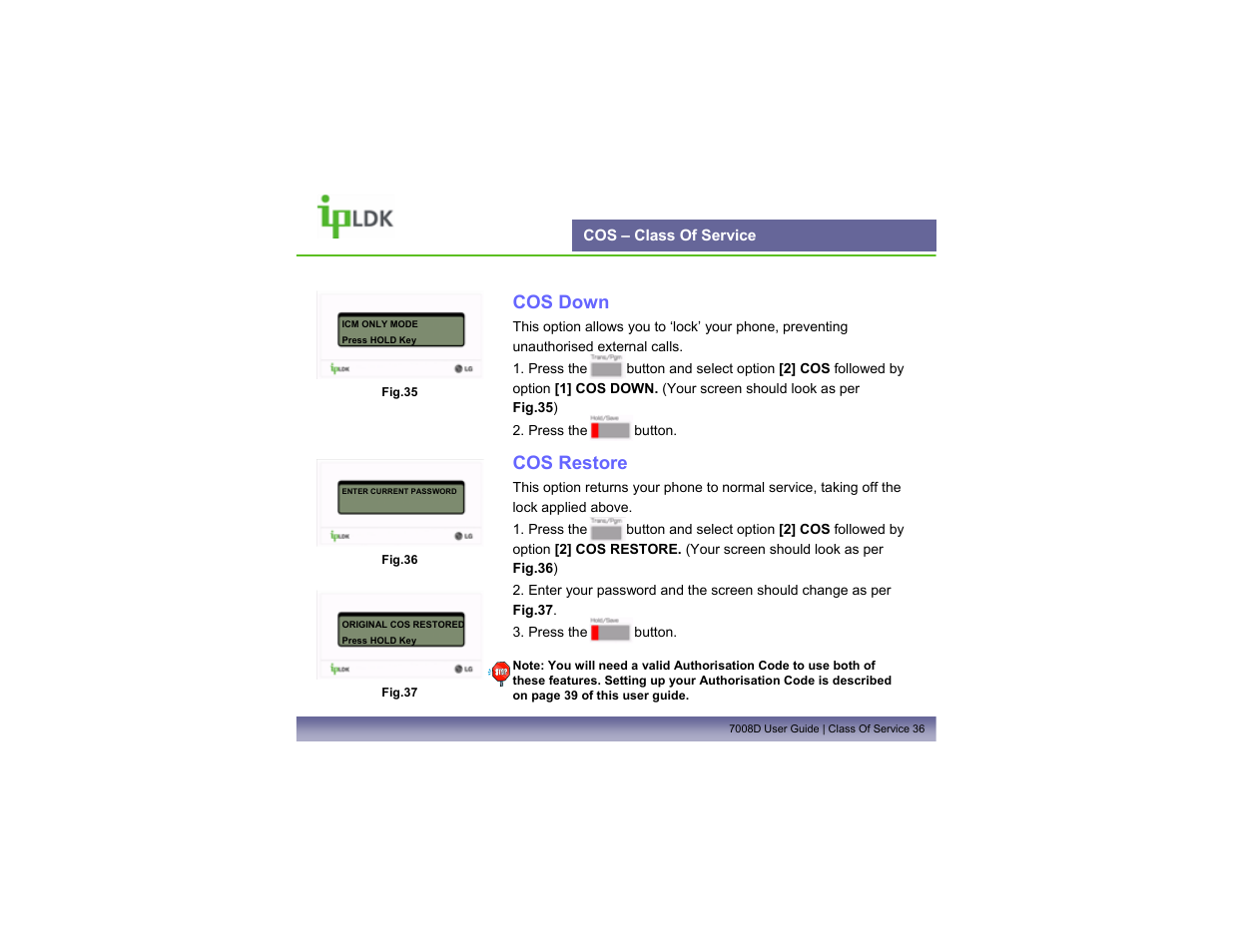 Cos – class of service, Cos down, Cos restore | LG LDP7008D User Manual | Page 37 / 62
