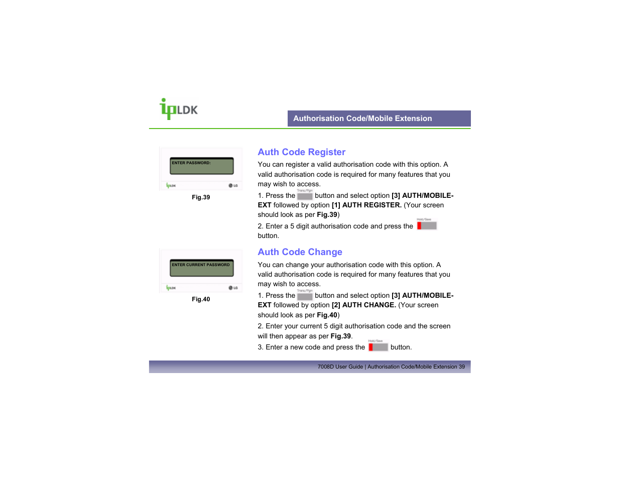 Authorisation code/mobile extension, Auth code register, Auth code change | LG LDP7008D User Manual | Page 40 / 62