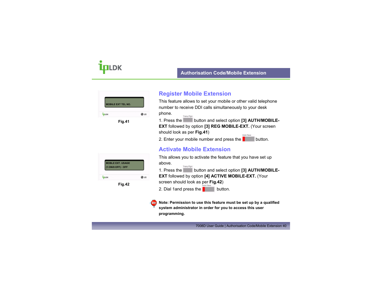 Authorisation code/mobile extension, Register mobile extension, Activate mobile extension | LG LDP7008D User Manual | Page 41 / 62