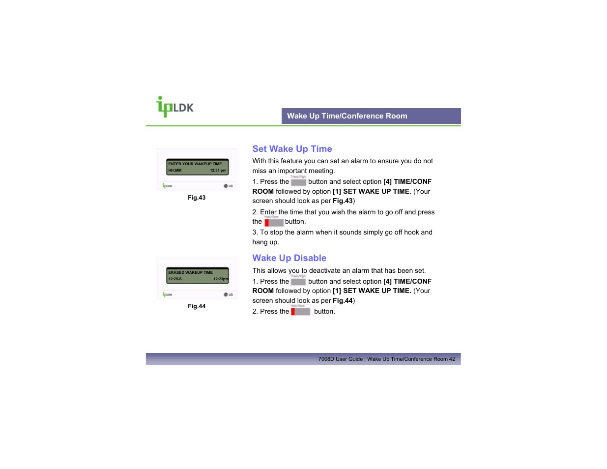 Wake up time/conference room, Set wake up time, Wake up disable | LG LDP7008D User Manual | Page 43 / 62