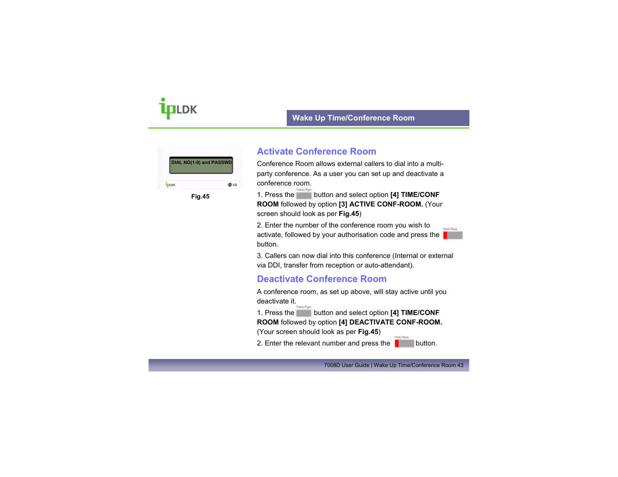 Wake up time/conference room, Activate conference room, Deactivate conference room | LG LDP7008D User Manual | Page 44 / 62