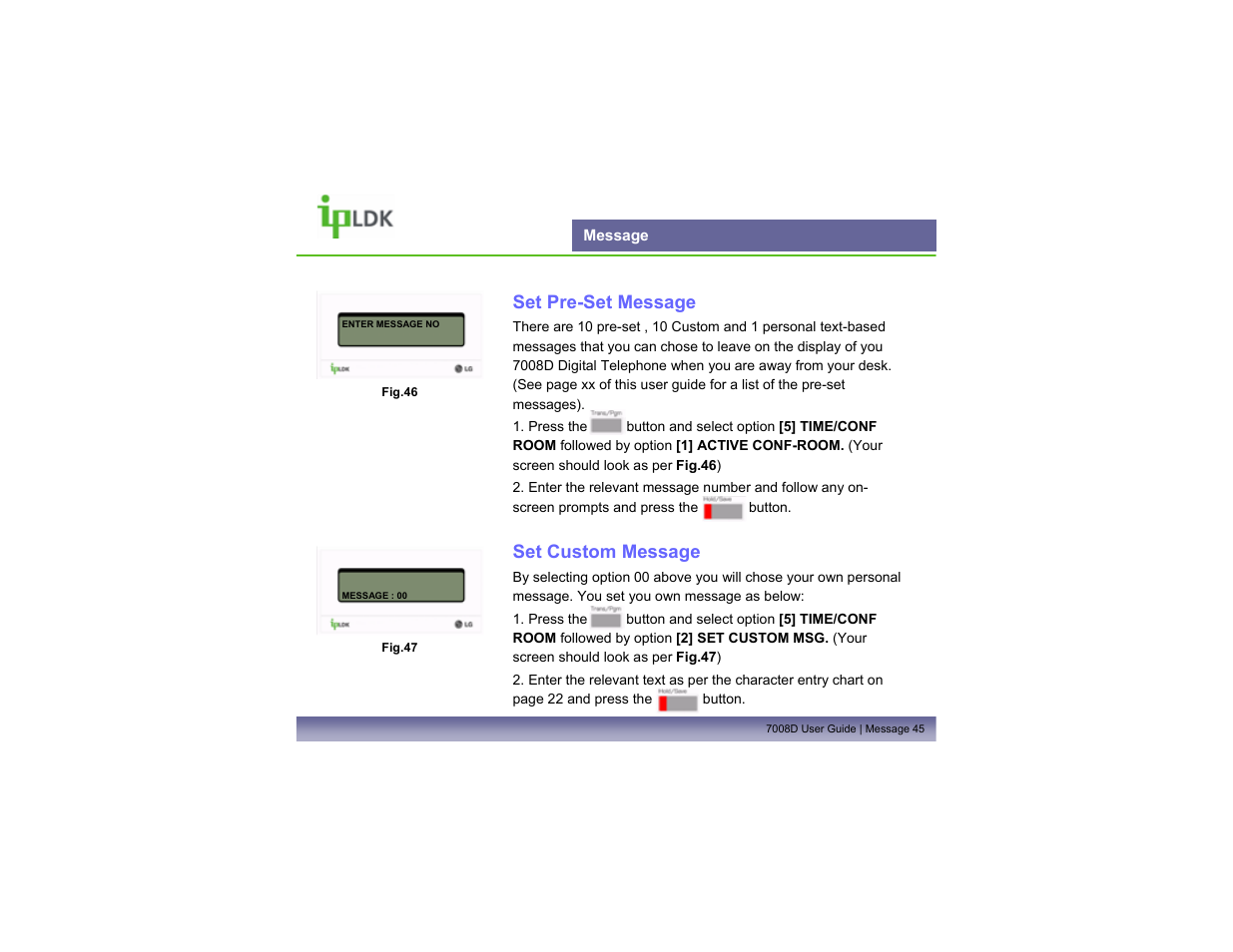 Message, Set pre-set message, Set custom message | LG LDP7008D User Manual | Page 46 / 62