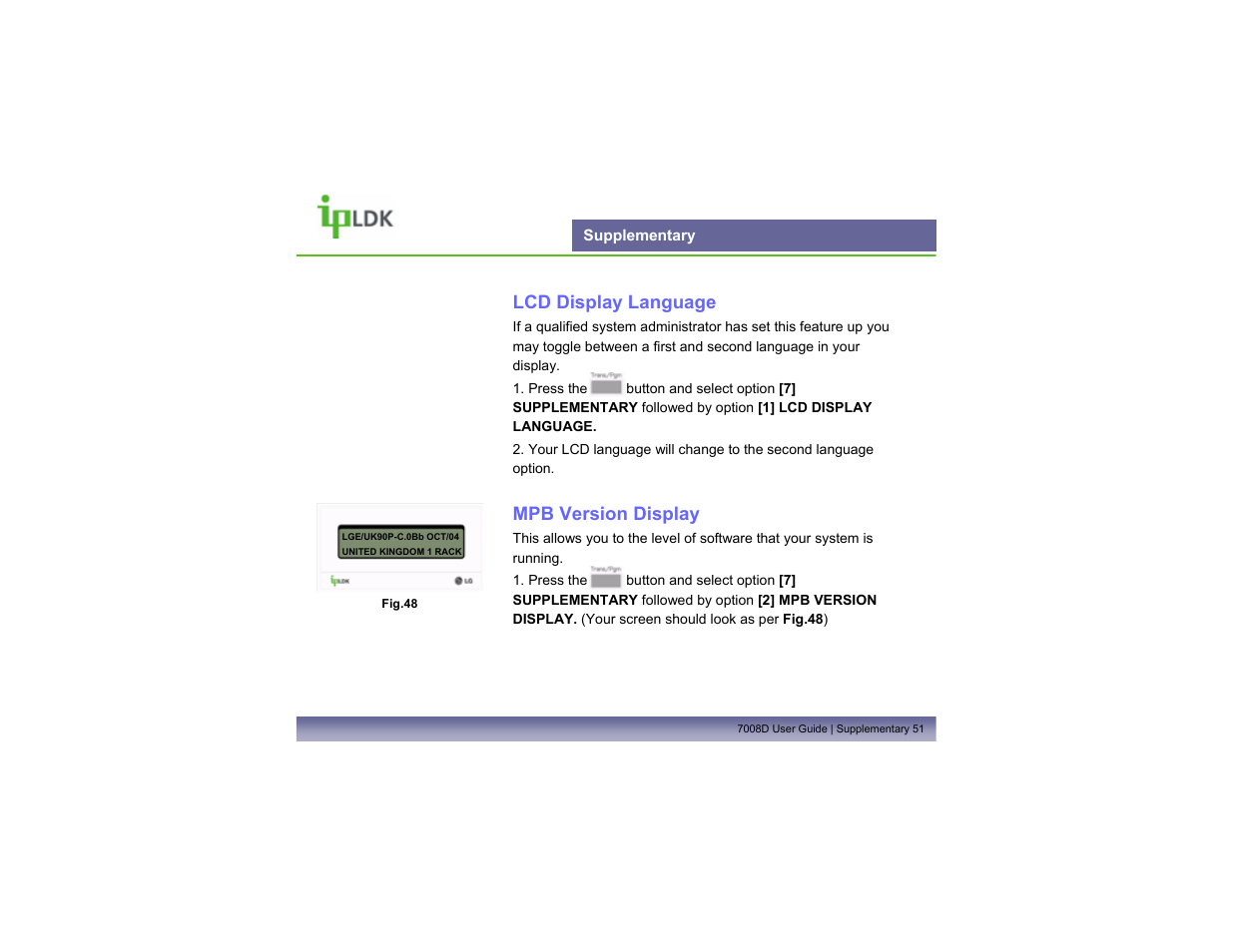 Supplementary, Lcd display language, Mpb version display | LG LDP7008D User Manual | Page 52 / 62