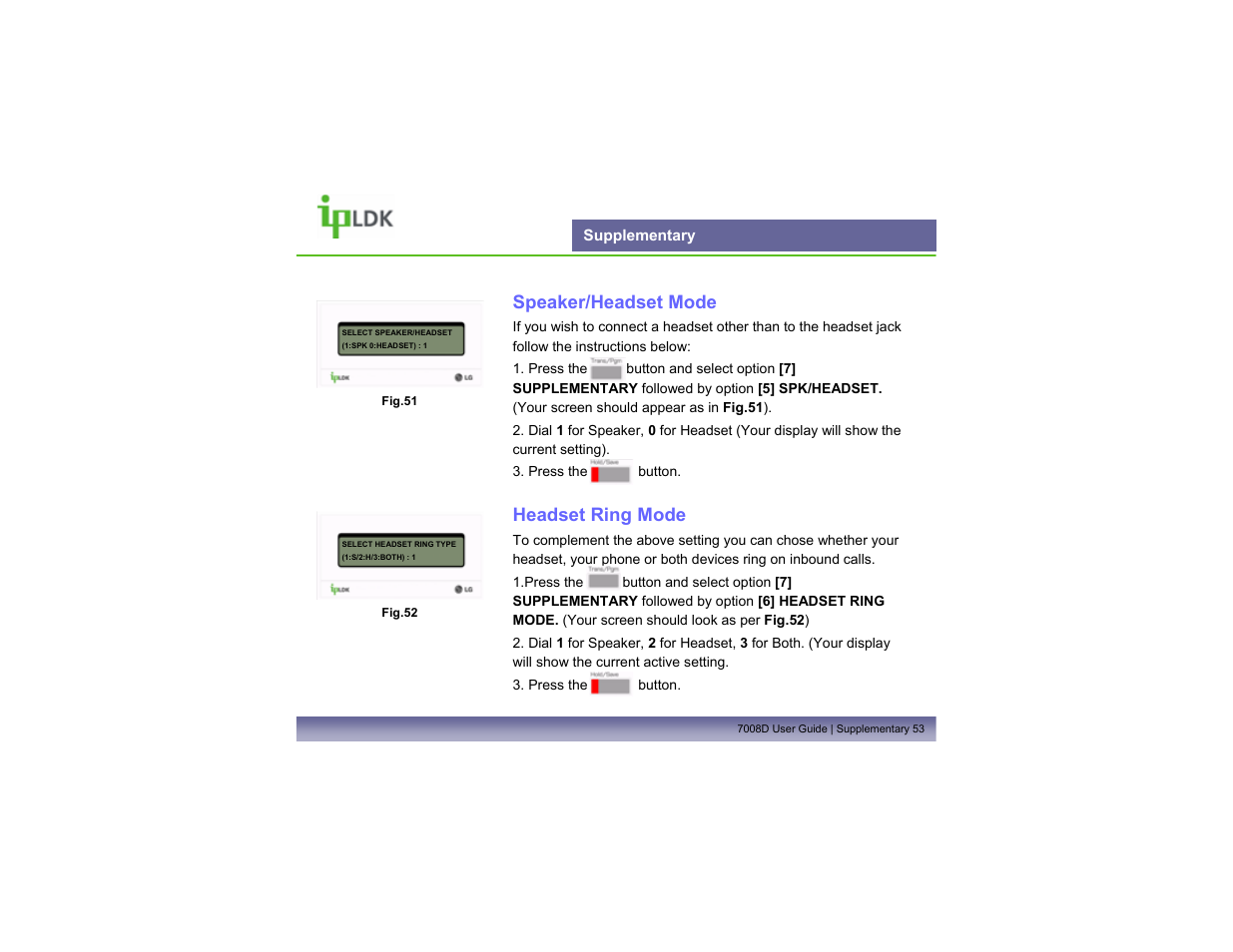 Supplementary, Speaker/headset mode, Headset ring mode | LG LDP7008D User Manual | Page 54 / 62