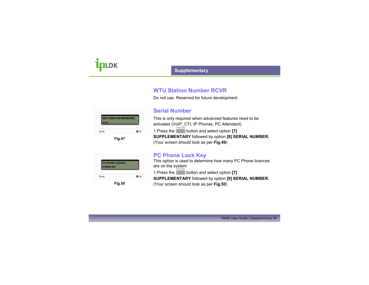 Supplementary, Wtu station number rcvr, Serial number | Pc phone lock key | LG LDP7008D User Manual | Page 55 / 62
