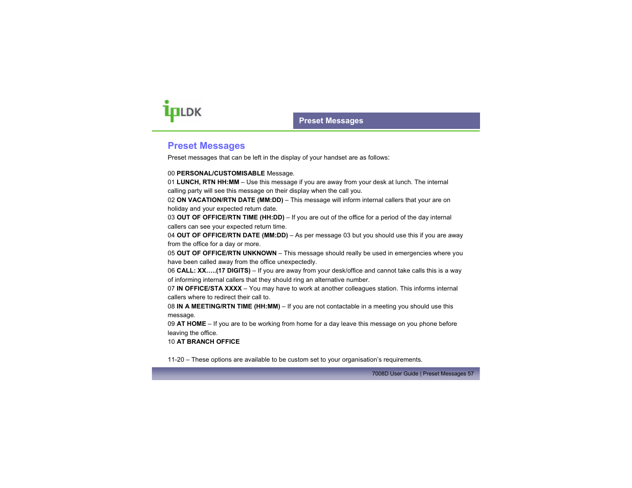 Preset messages | LG LDP7008D User Manual | Page 58 / 62