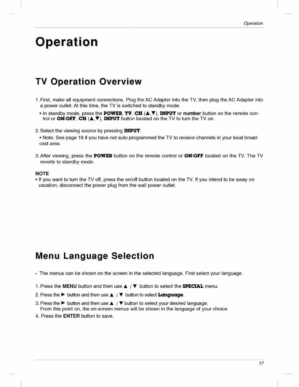 Tv operation overview, Note, Menu language selection | Operation | LG 200LC1R User Manual | Page 17 / 36