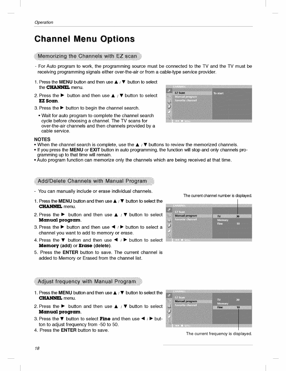 Channel menu options, Notes | LG 200LC1R User Manual | Page 18 / 36