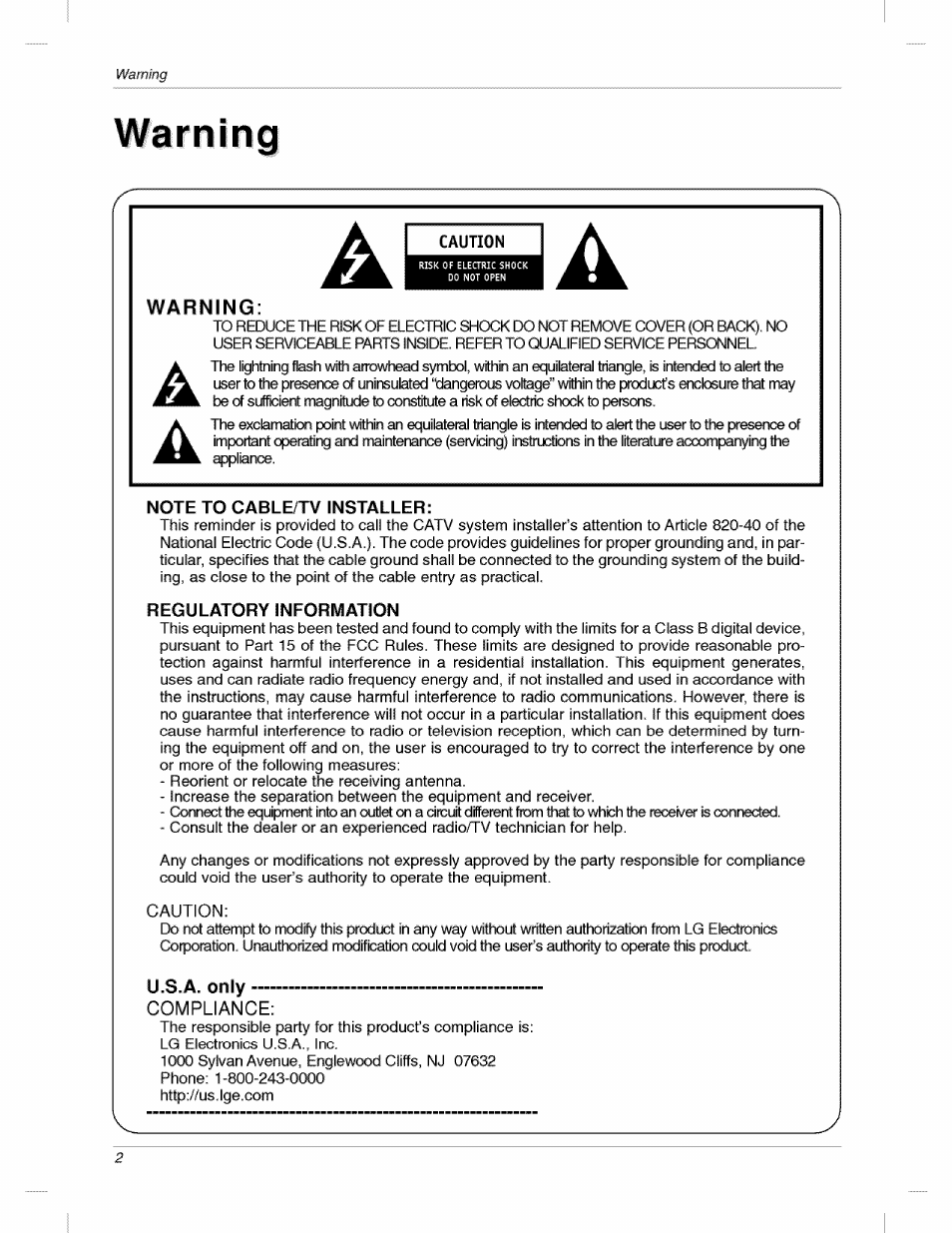 U.s.a. only, Warning | LG 200LC1R User Manual | Page 2 / 36