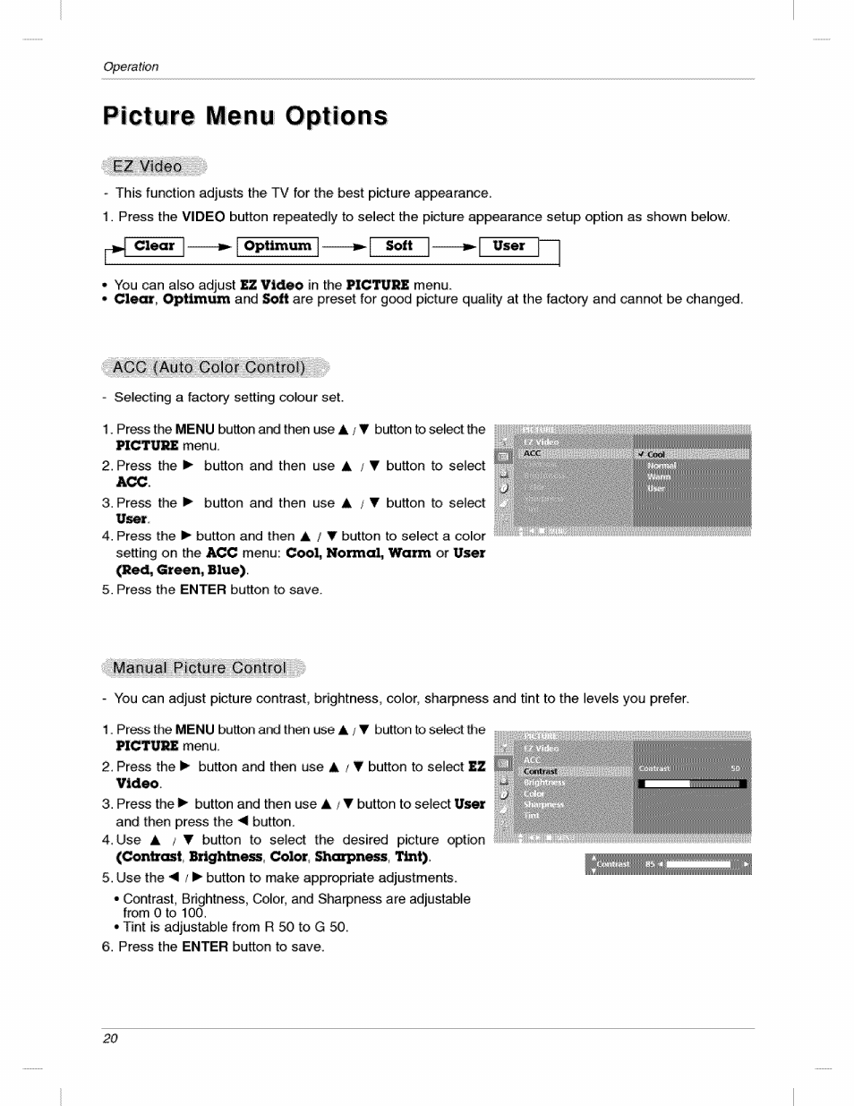 Picture menu options | LG 200LC1R User Manual | Page 20 / 36