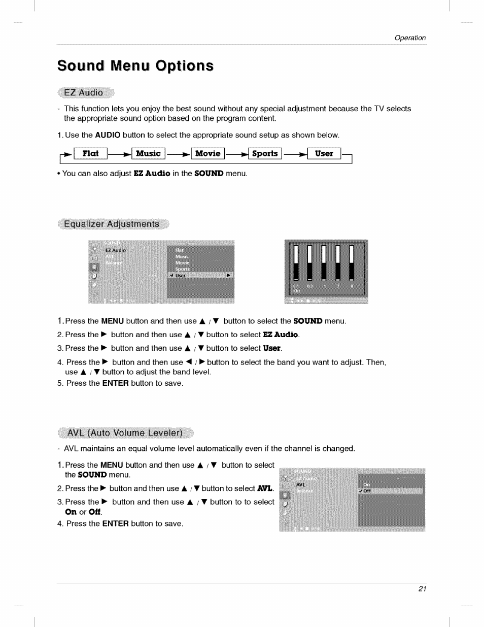 Sound menu options, Screen menu options -31 | LG 200LC1R User Manual | Page 21 / 36