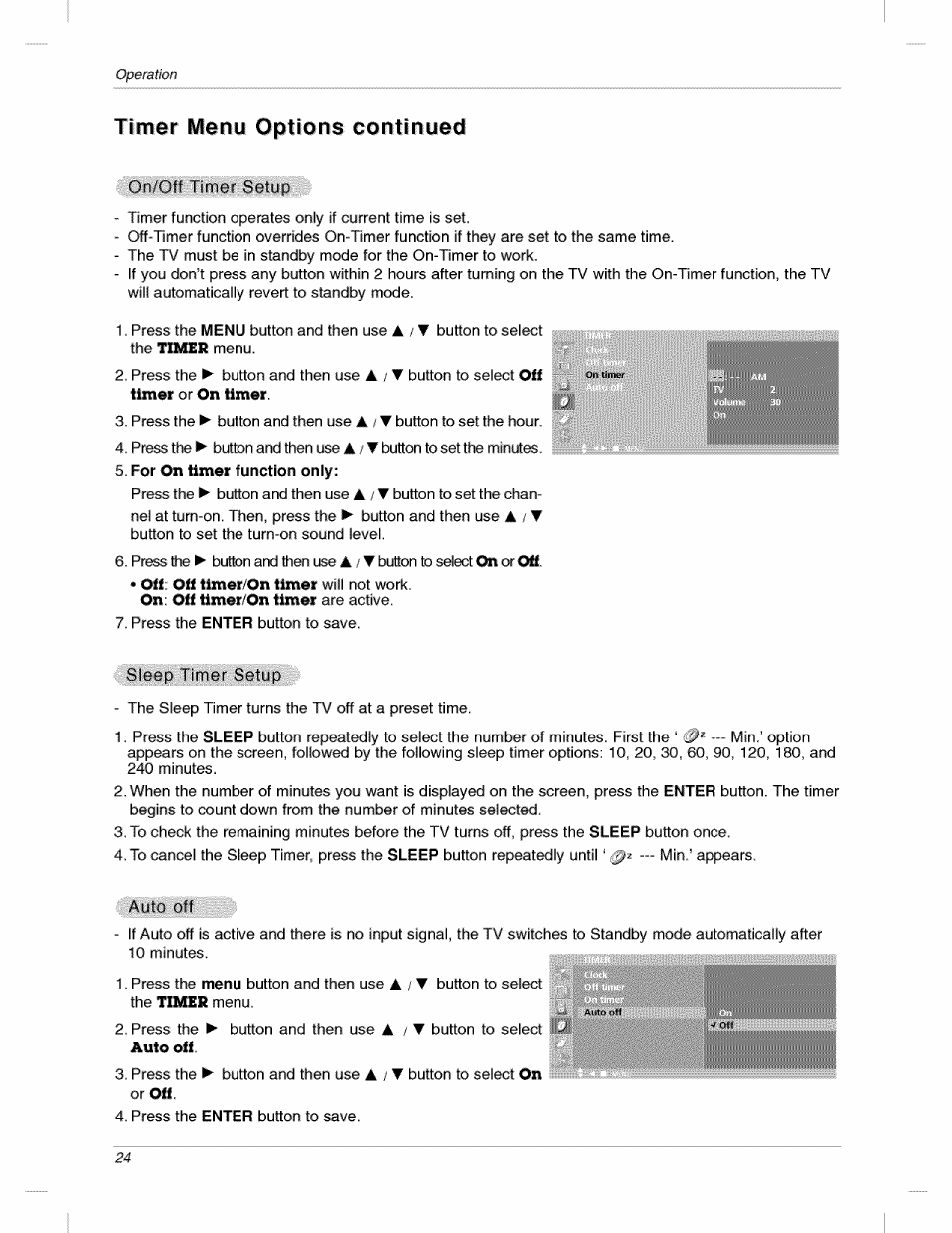 Timer menu options continued | LG 200LC1R User Manual | Page 24 / 36