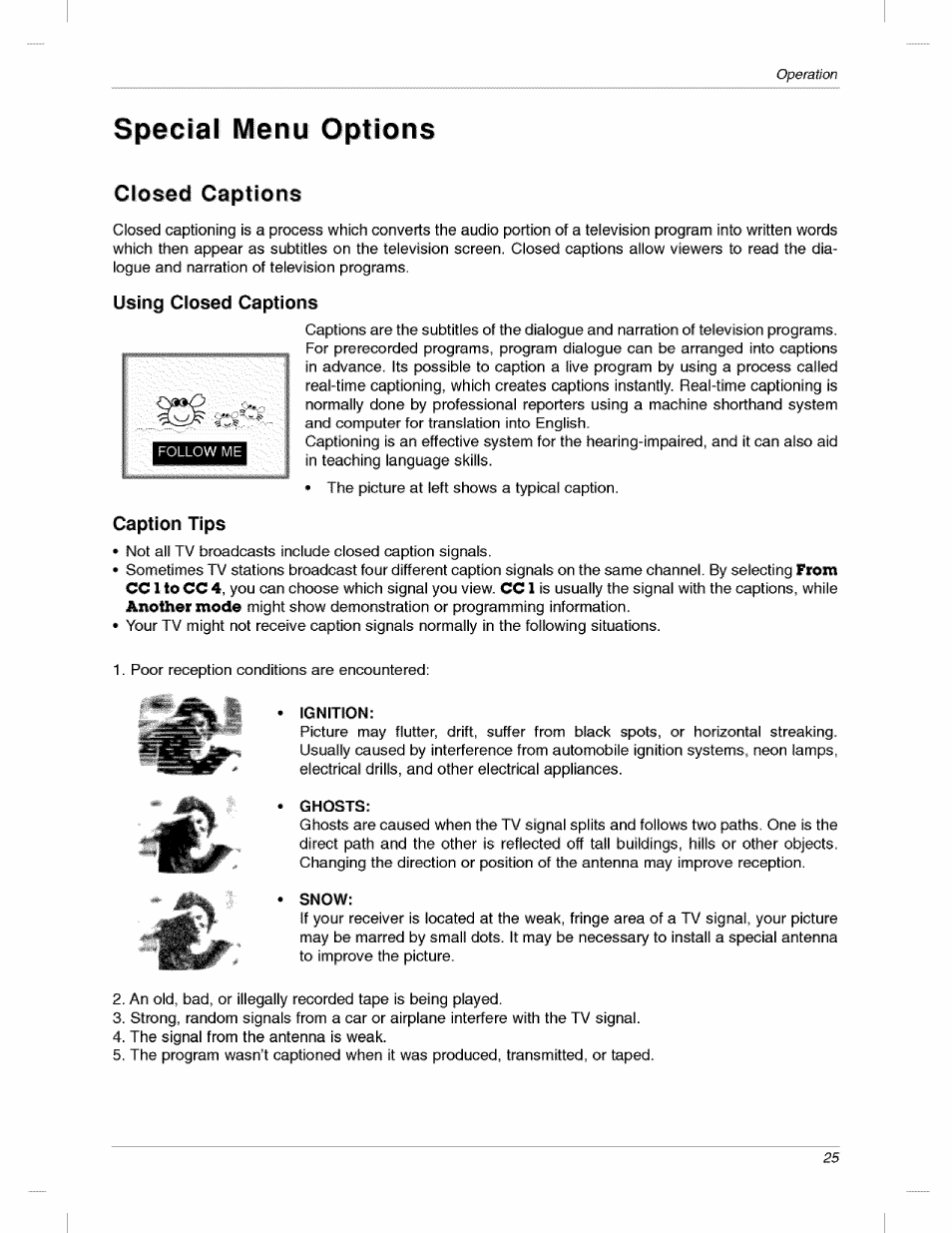 Special menu options, Using closed captions, Caption tips | Ignition, Ghosts, Snow, Closed captions | LG 200LC1R User Manual | Page 25 / 36