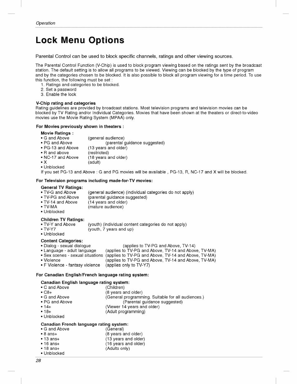 V-chip rating and categories, For canadian english/french language rating system, Lock menu options | LG 200LC1R User Manual | Page 28 / 36