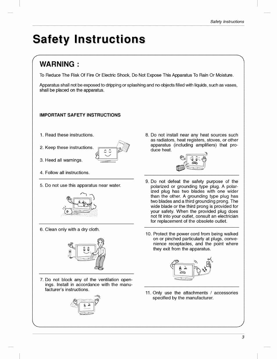 Safety instructions, Warning | LG 200LC1R User Manual | Page 3 / 36