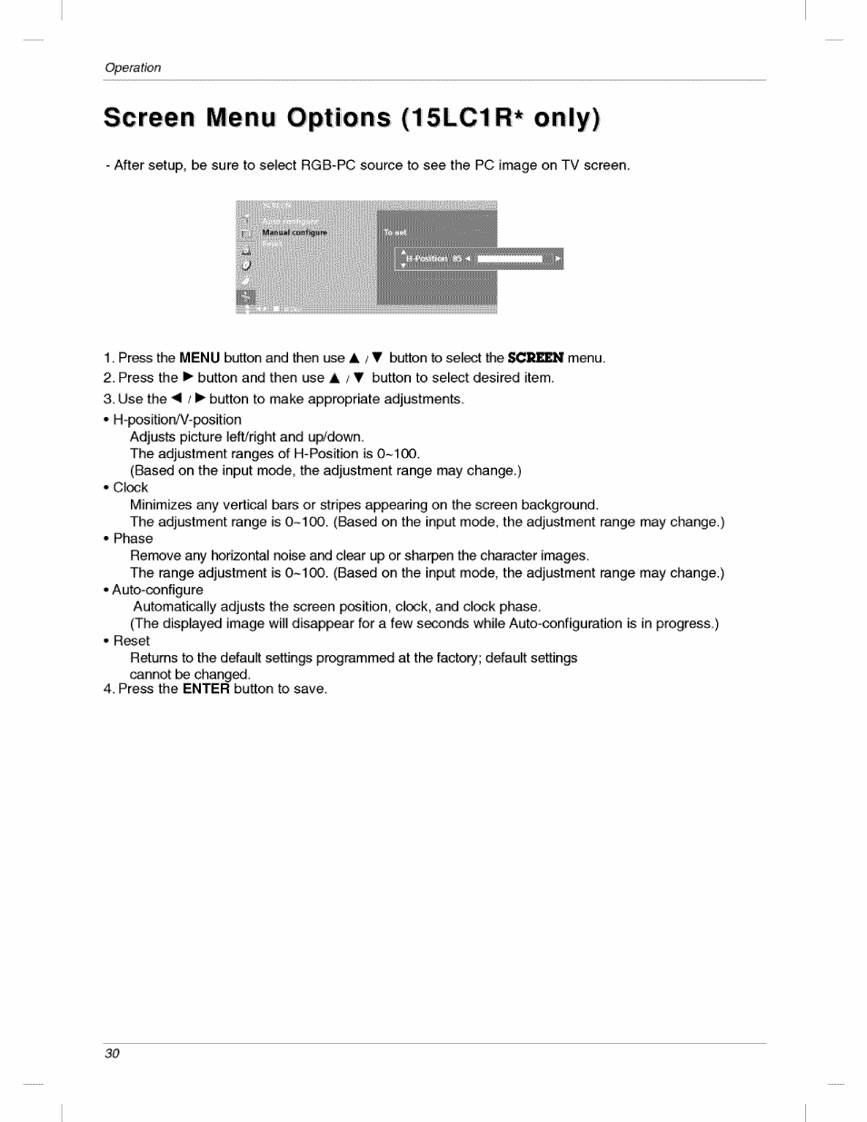 Screen menu options (15lc1r* only) | LG 200LC1R User Manual | Page 30 / 36