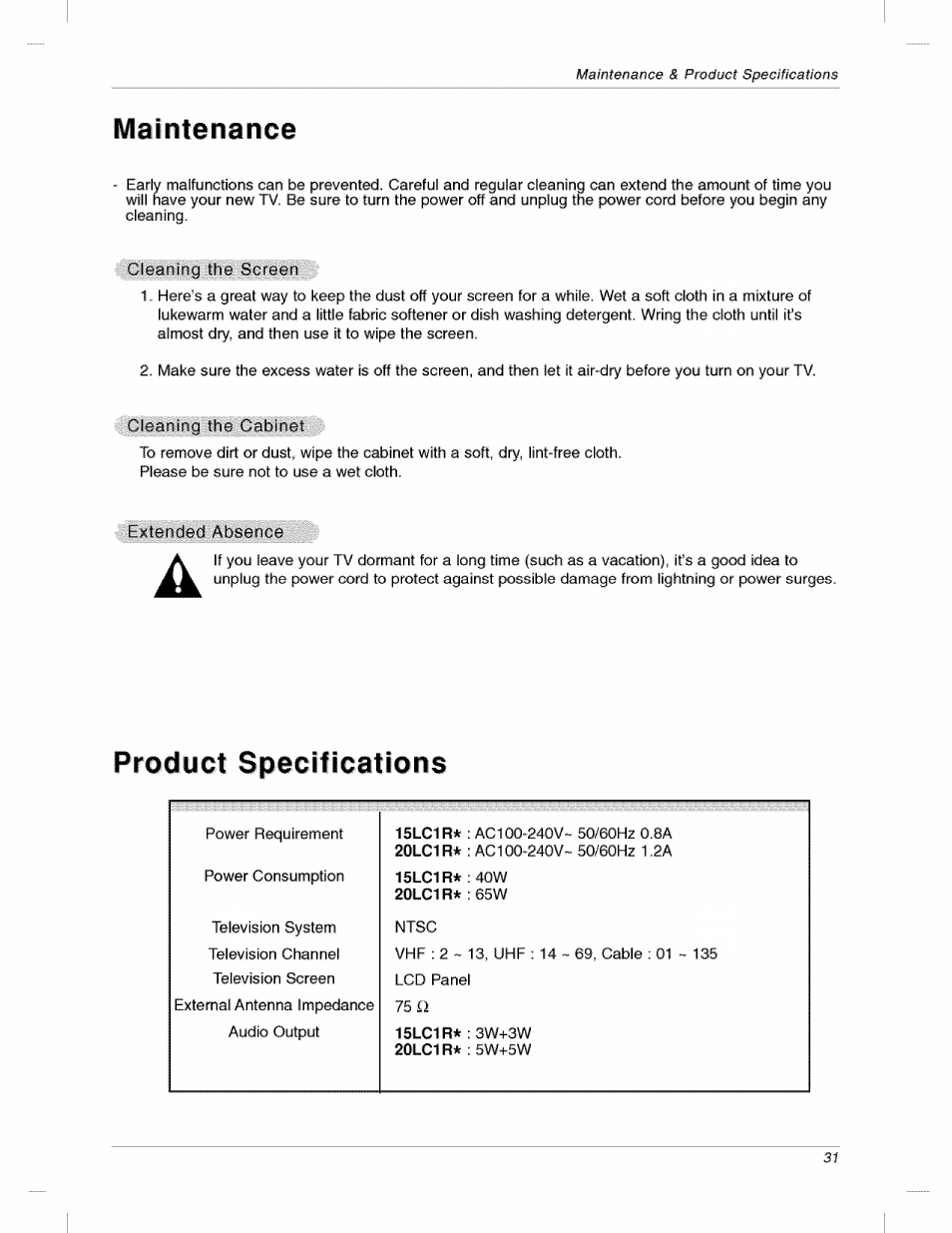Product specifications, Maintenance | LG 200LC1R User Manual | Page 31 / 36