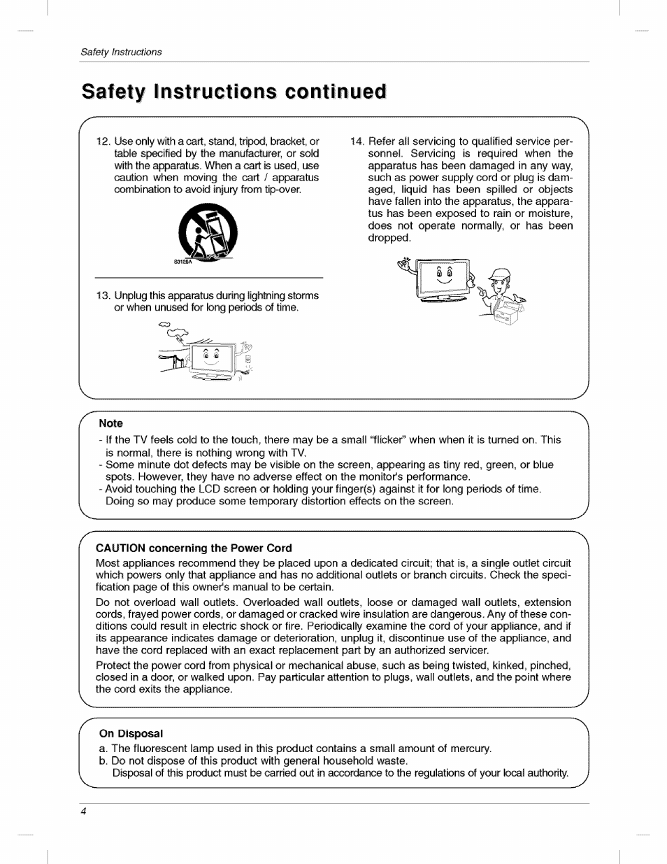 Safety instructions continued, Note, Caution concerning the power cord | On disposal | LG 200LC1R User Manual | Page 4 / 36