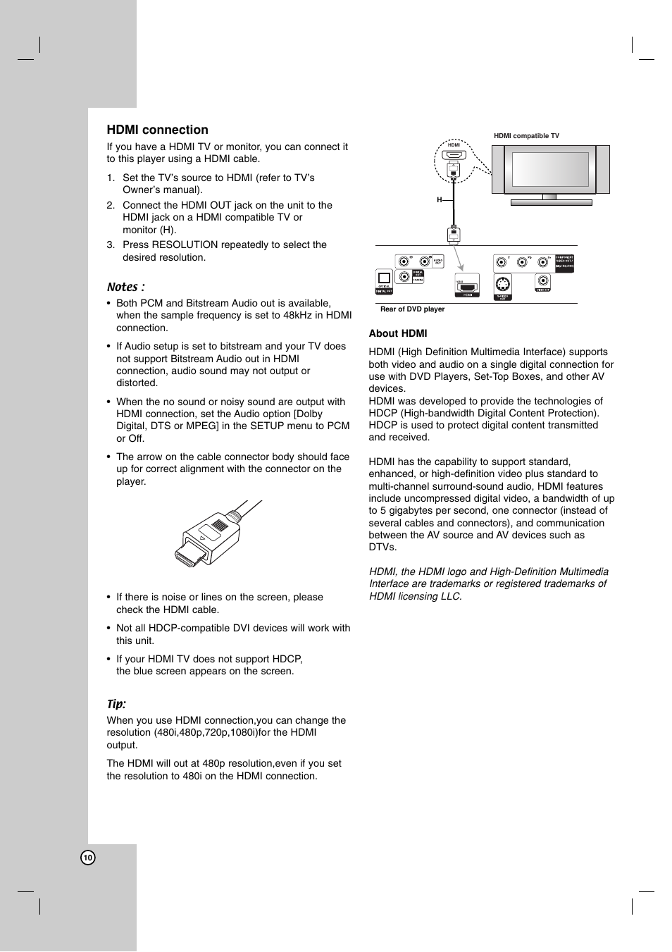 Hdmi connection | LG DN191H User Manual | Page 10 / 27
