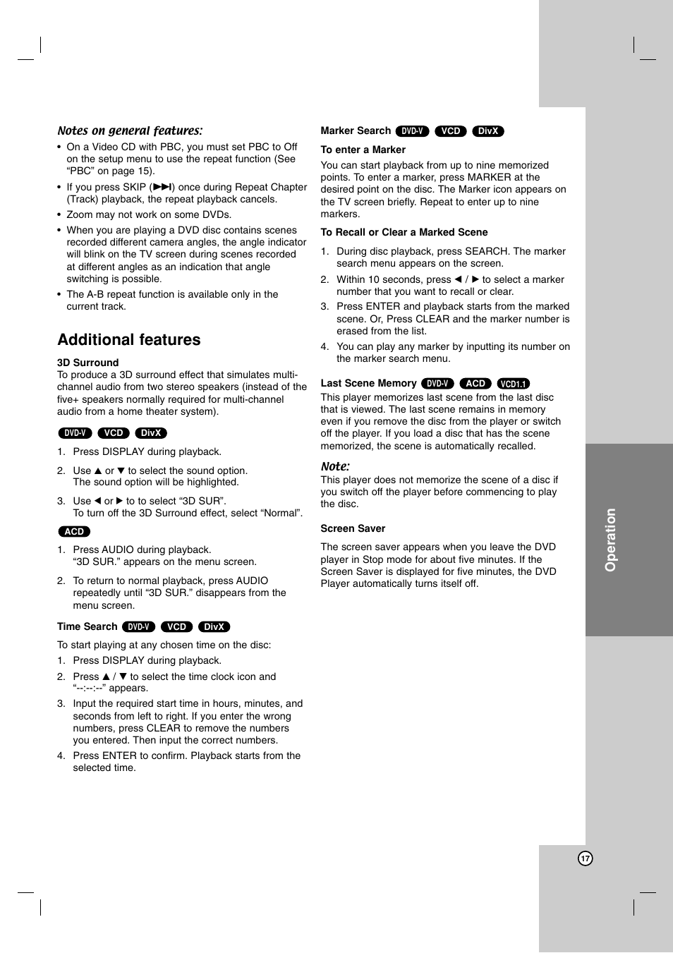 Additional features, Operation | LG DN191H User Manual | Page 17 / 27