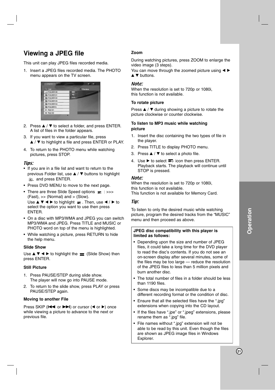 Viewing a jpeg file, Operation | LG DN191H User Manual | Page 21 / 27