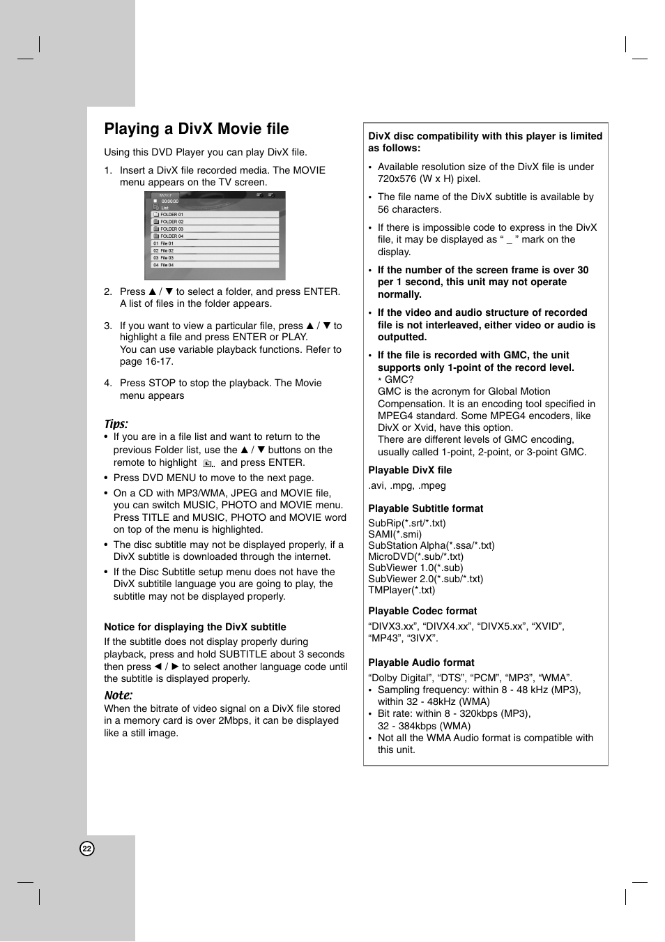 Playing a divx movie file | LG DN191H User Manual | Page 22 / 27