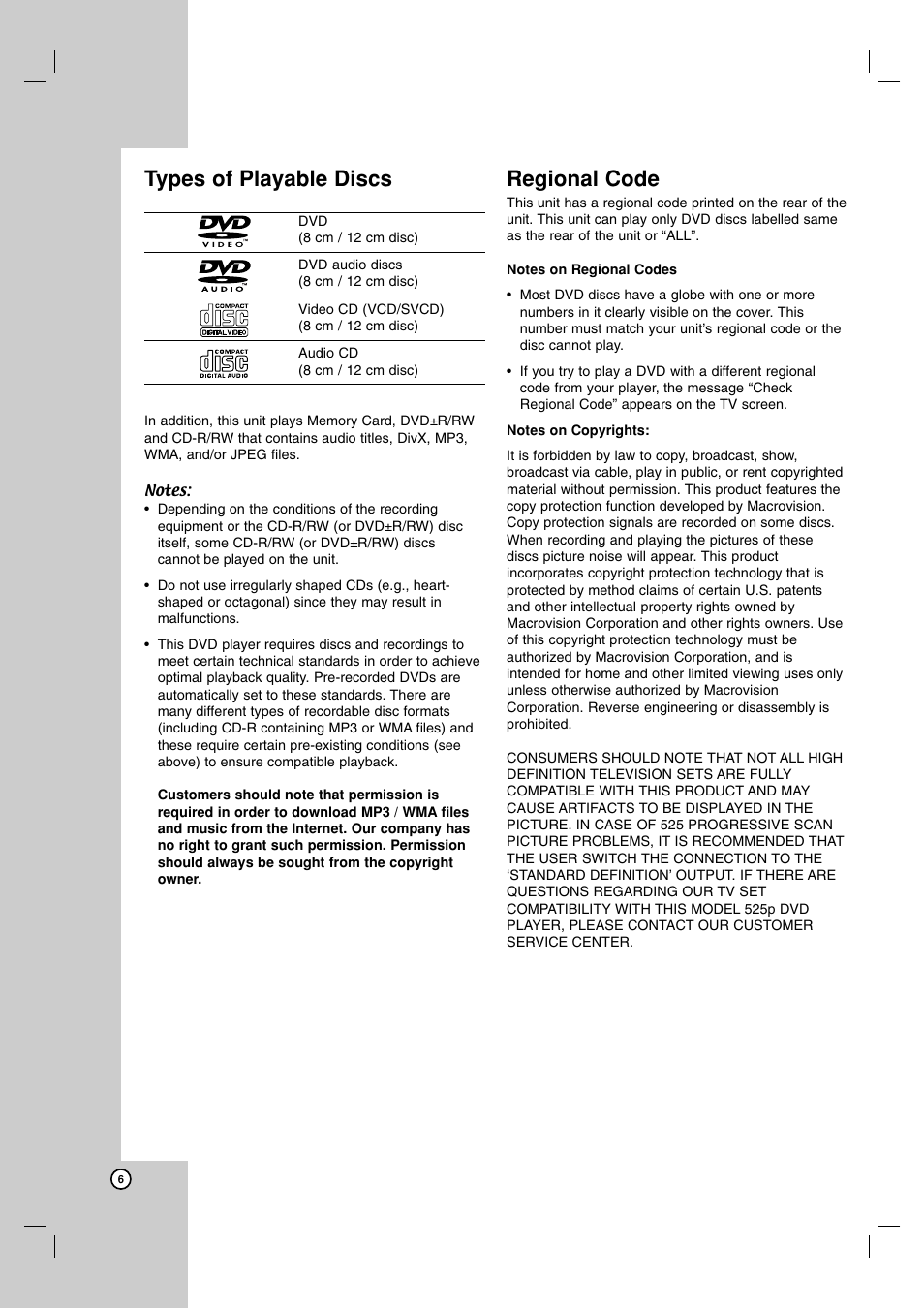 Types of playable discs, Regional code | LG DN191H User Manual | Page 6 / 27