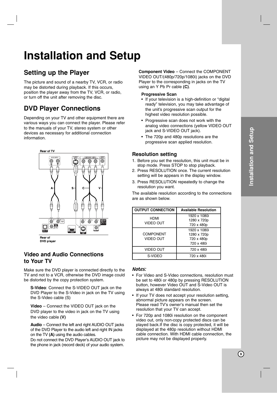 Installation and setup, Setting up the player, Dvd player connections | Operation reference introduction, Video and audio connections to your tv | LG DN191H User Manual | Page 9 / 27