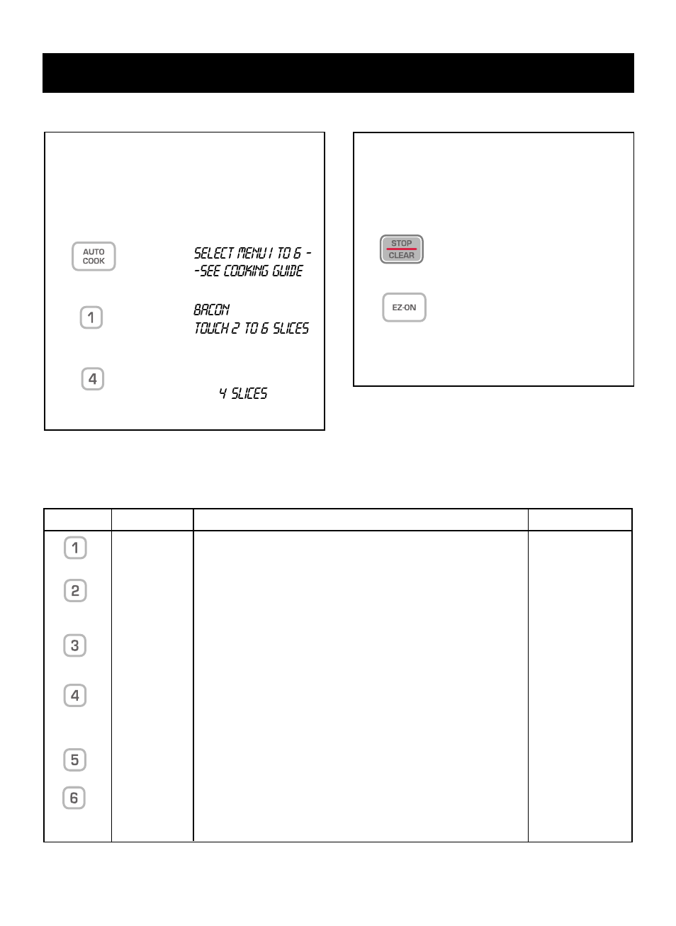 Using your microwave oven, Ez-on, Auto cook auto cook table | Touch: display shows: 1. 2, Touch: display shows: 1, 4slices | LG LCRM1240SW User Manual | Page 14 / 31