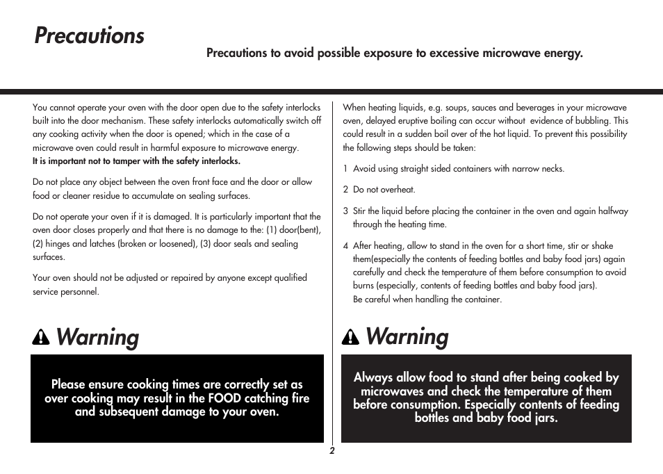 Warning, Precautions | LG MC8486NL User Manual | Page 2 / 52