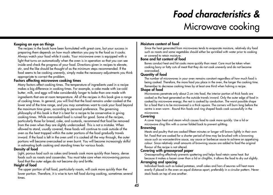 Food characteristics & microwave cooking | LG MC8486NL User Manual | Page 45 / 52